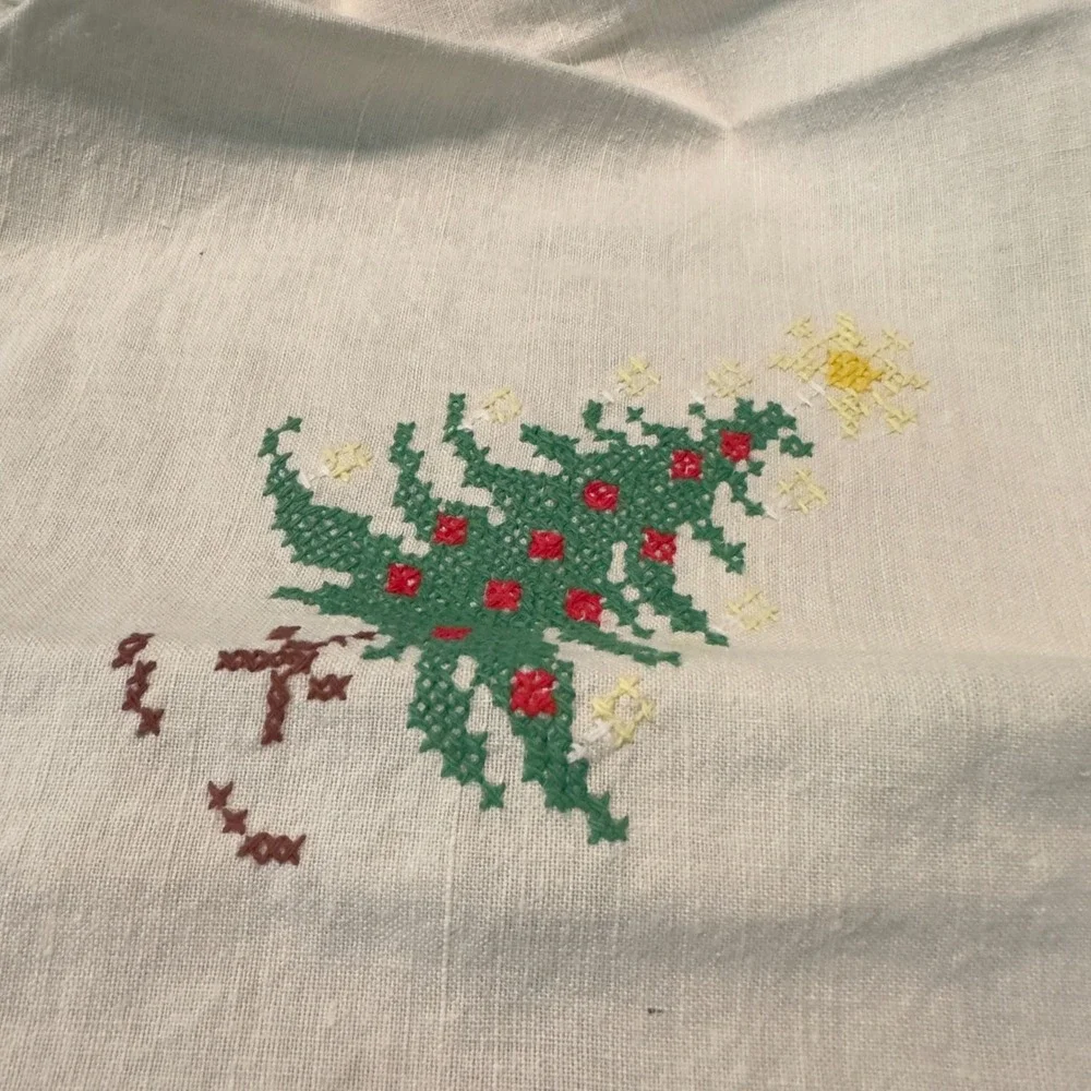 Vtg Tablecloth Embroidered Christmas Gnome Folk Art Linen 49x54 Scandinavian